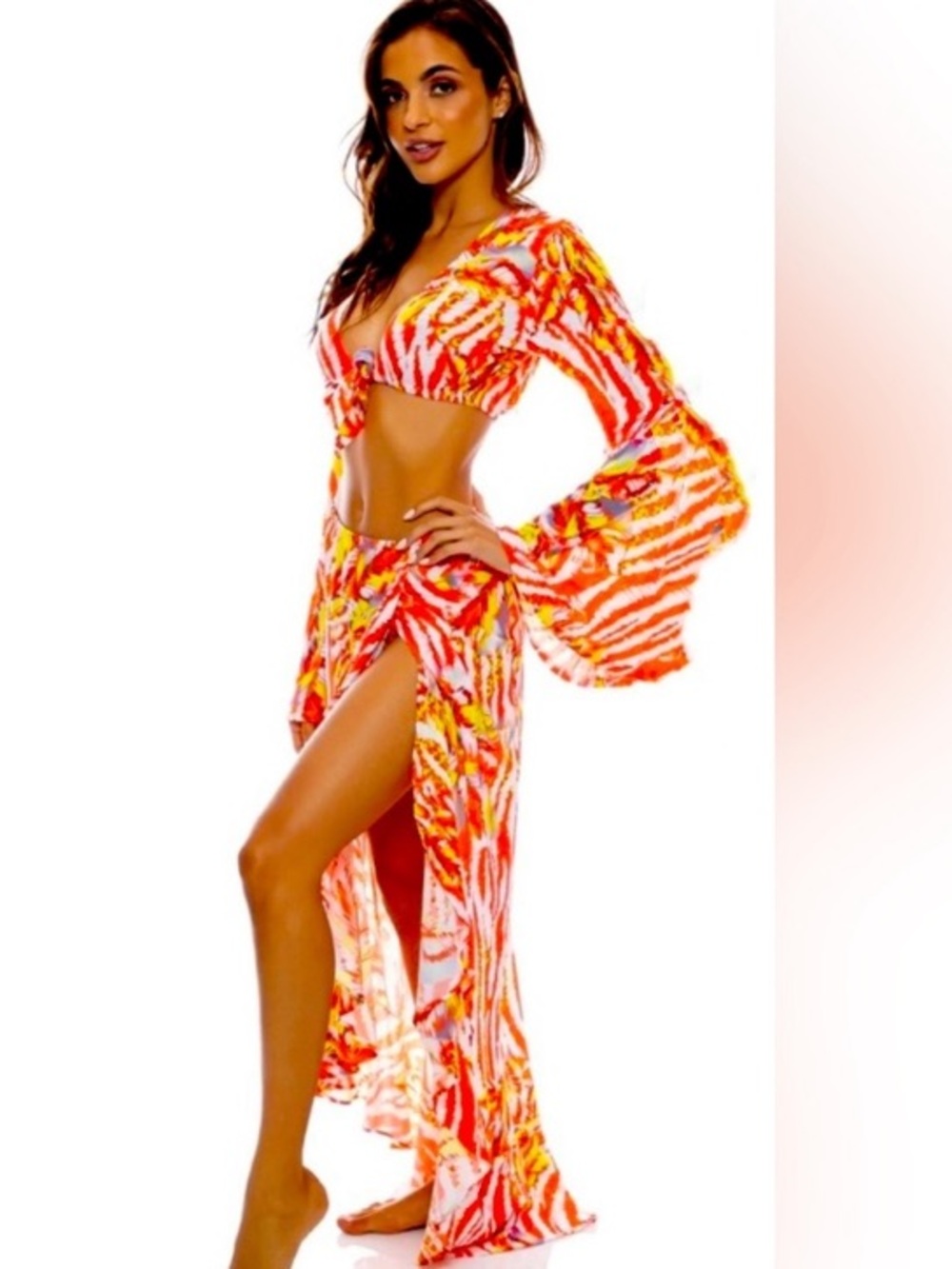 Luli Fama Love Me Wild High Low Slit Skirt with matching Bell Sleeve Crop Top XS